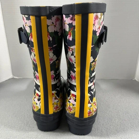 Joules Molly Welly Rain Boots Navy White Stripe Floral Buckle Women US 7 EU 38 - Picture 5 of 12